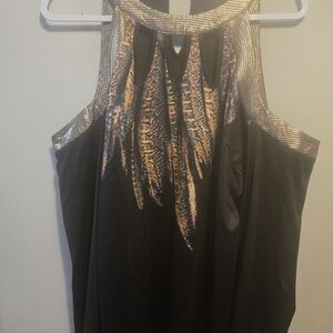 Women's Black Sleeveless Halter Top with Metallic Accents